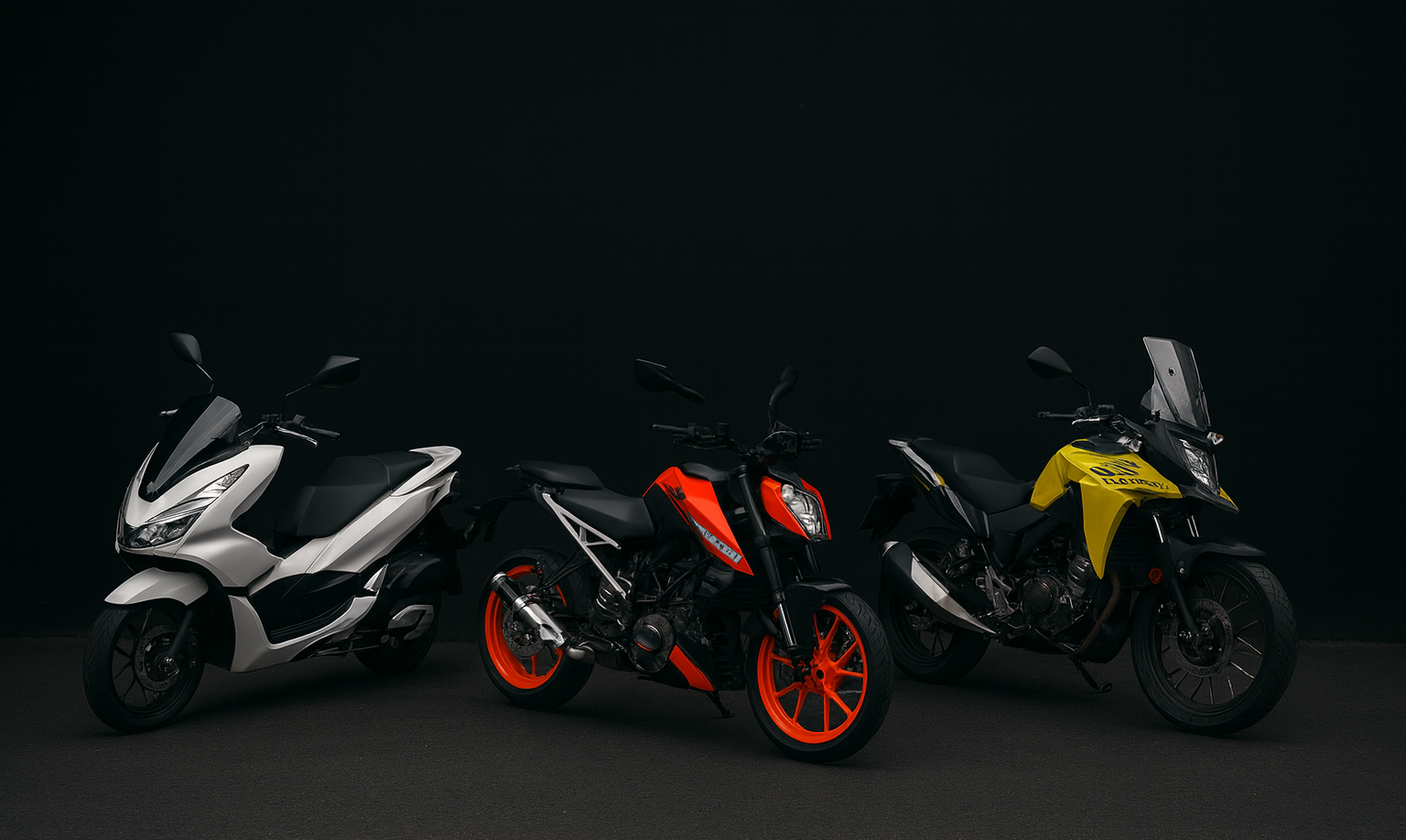 Three motorcycles in black, orange, and yellow on a dark background
